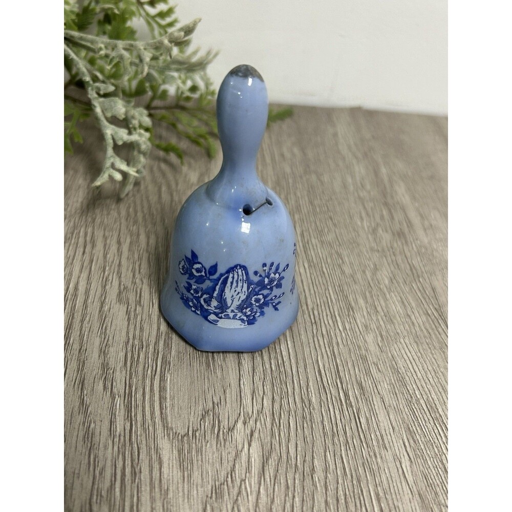 Vintage Blue White Porcelain Bell With Flowers And Praying Hands Cottage Country